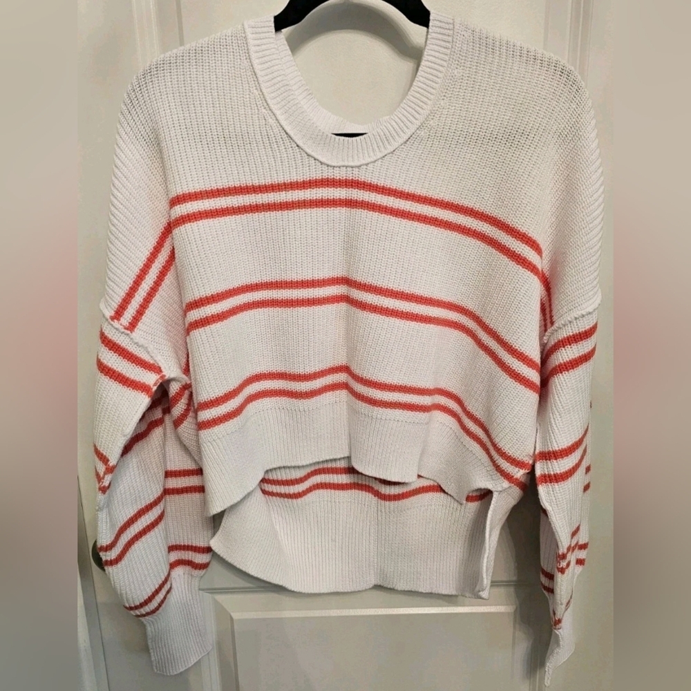 NWT Aerie Beyond Oversized Cropped Knit Cotton Sweater XS White Coral Stripe
